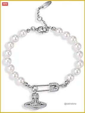 Saturn Pearl Charm Bracelet with Zirconia - Link Chain